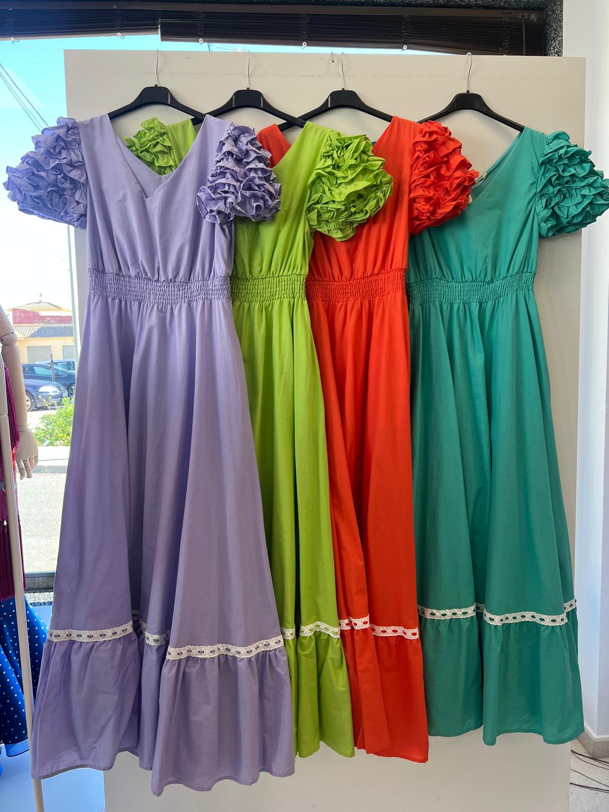 Vestido naranja manga de farol con piquillo estampado más flor regalo - Imagen 2