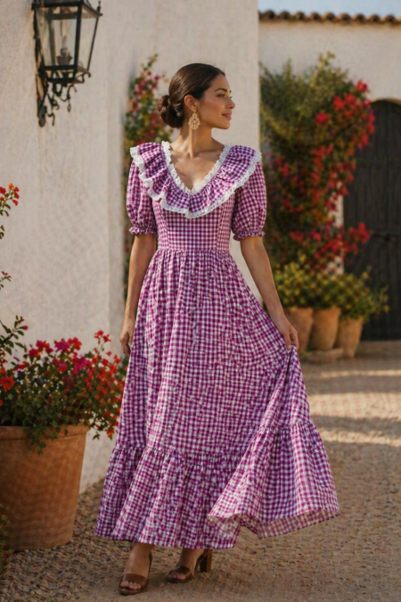 Vestido  vichy buganvilla manga de farol