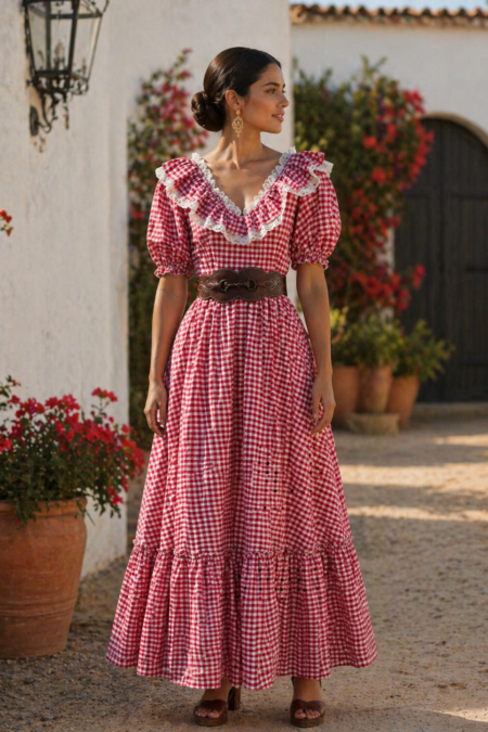 Vestido  vichy rojo manga de farol