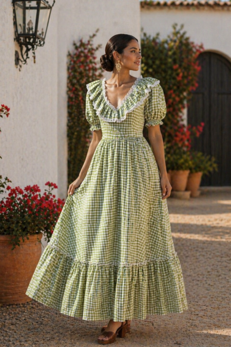 Vestido  vichy verde manga de farol