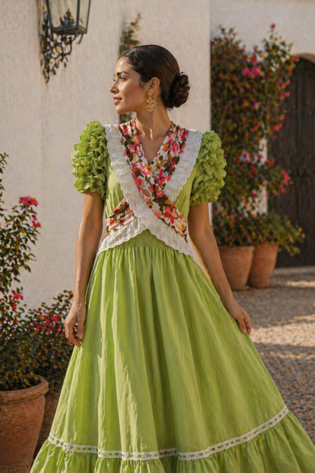 Vestido verde manga de farol