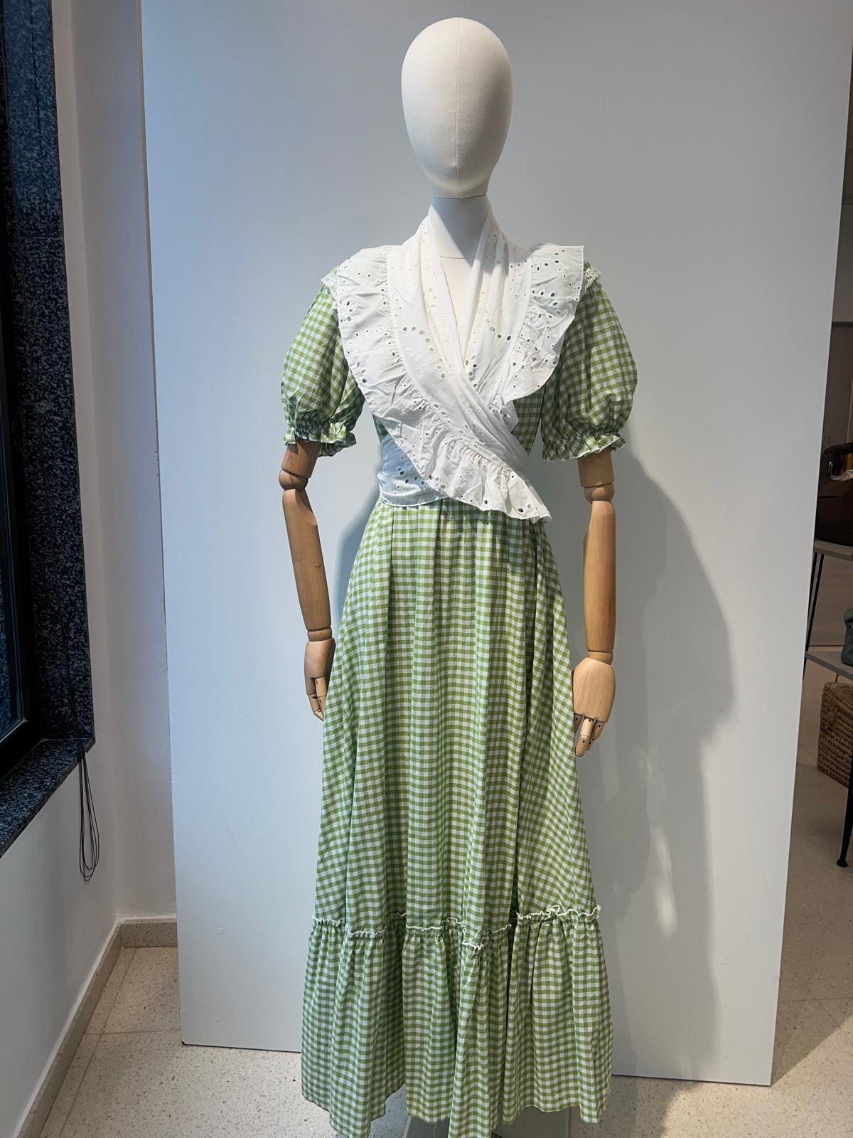 Vestido vichy verde manga de farol - Imagen 2