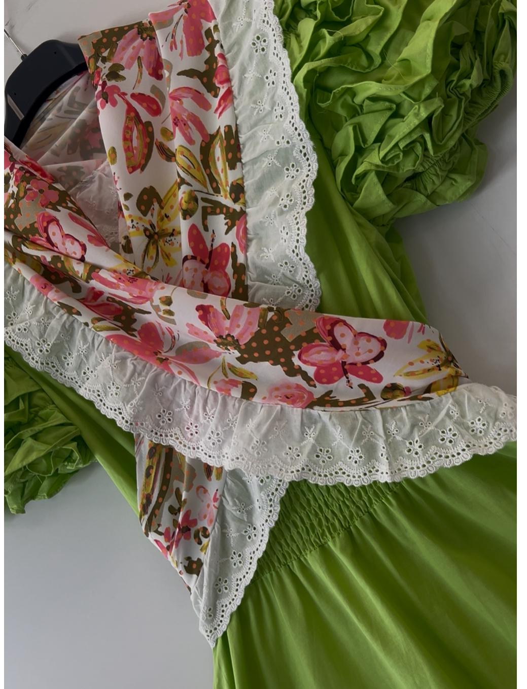 Vestido verde manga de farol con piquillo estampado más flor regalo - Imagen 3