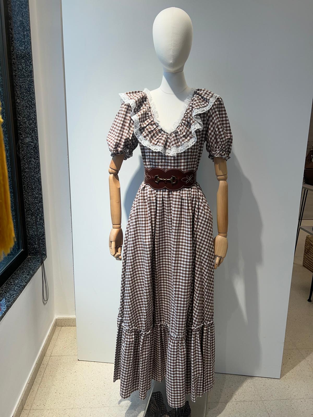 Vestido vichy marrón manga de farol