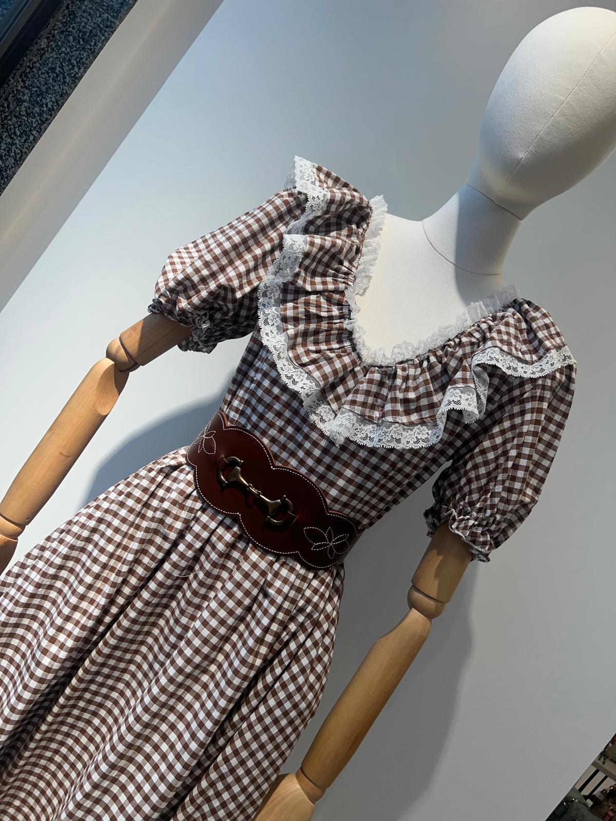 Vestido vichy marrón manga de farol - Imagen 2