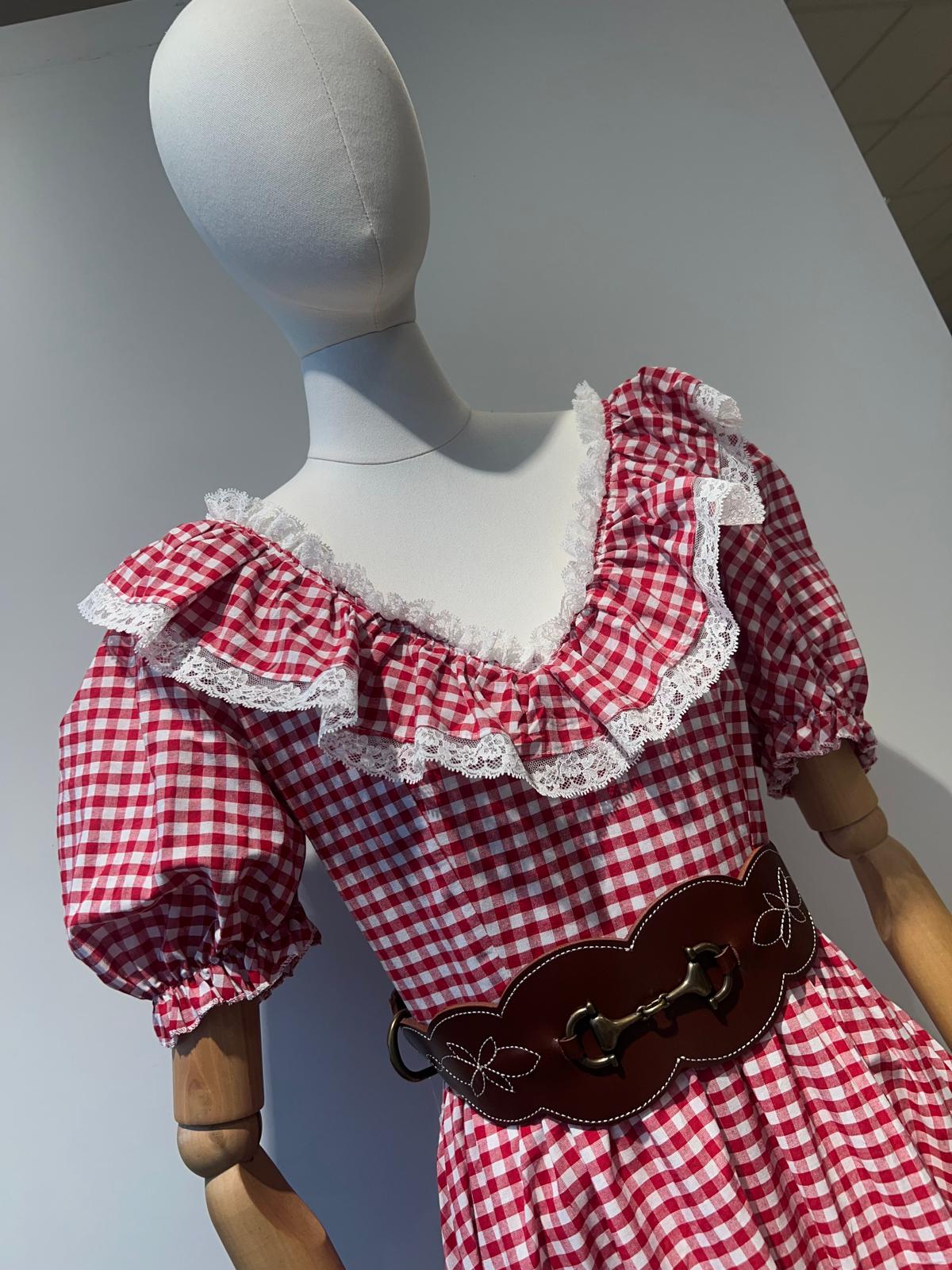 Vestido vichy rojo manga de farol - Imagen 2