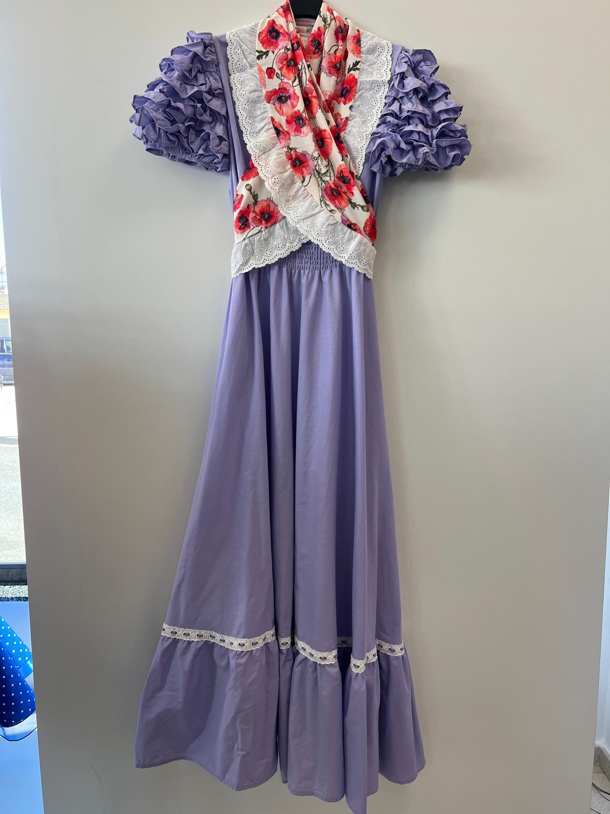 Vestido malva manga de farol con piquillo estampado más flor regalo
