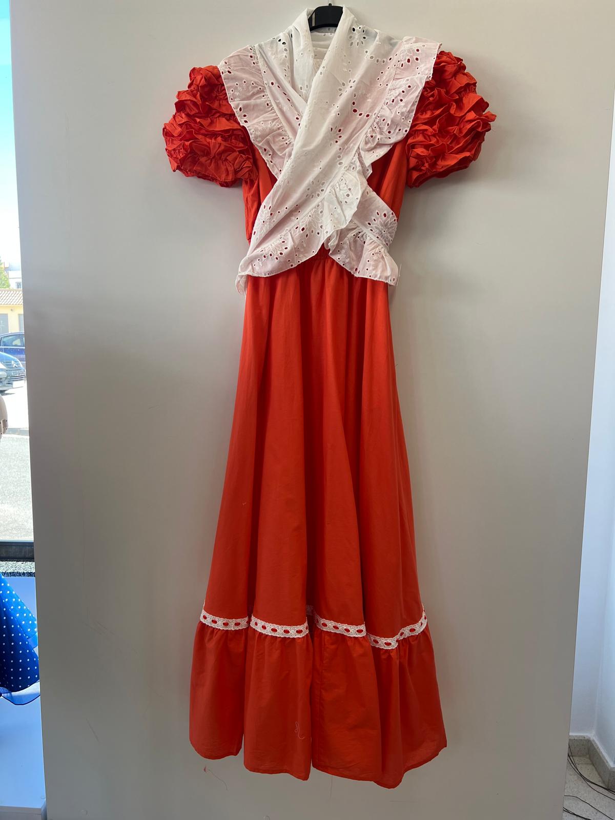 Vestido naranja manga de farol con piquillo estampado más flor regalo - Imagen 3