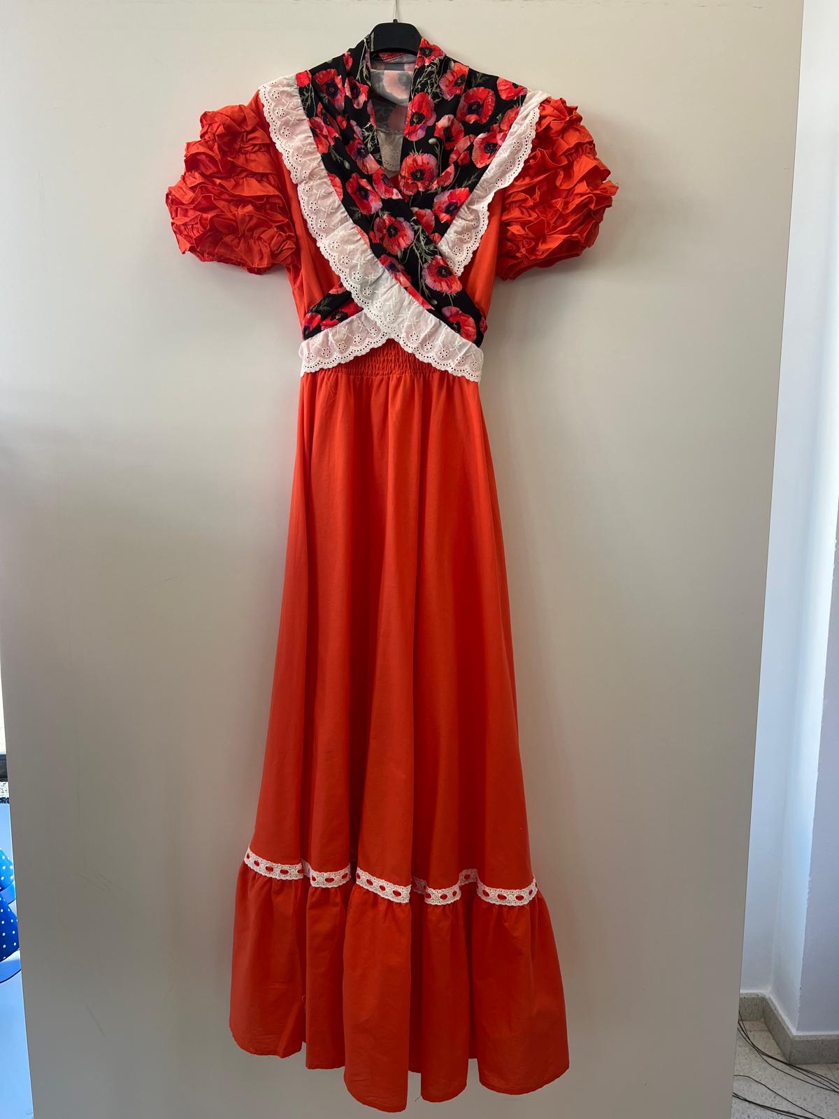 Vestido naranja manga de farol con piquillo estampado más flor regalo