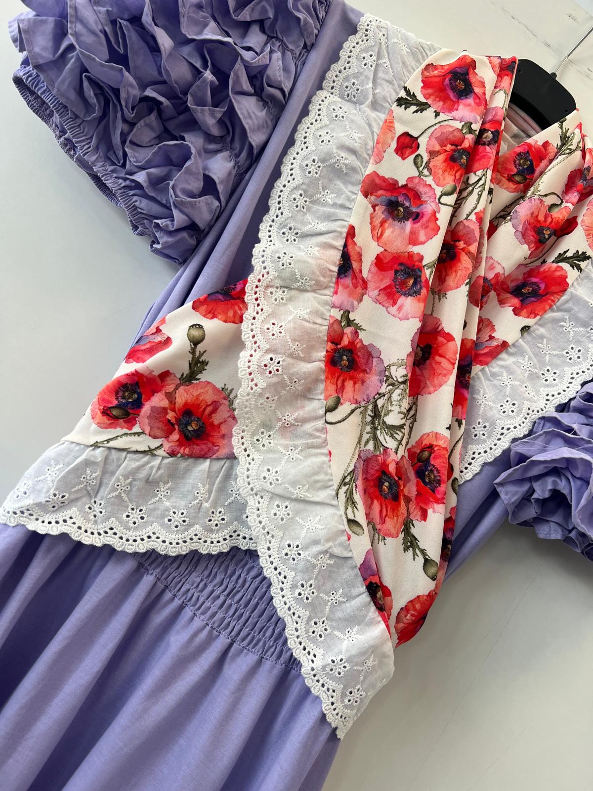 Vestido malva manga de farol con piquillo estampado más flor regalo - Imagen 3