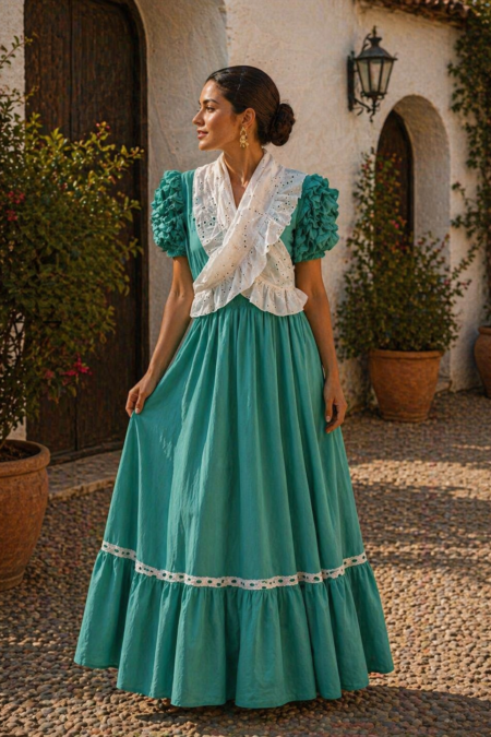 Vestido turquesa manga de farol
